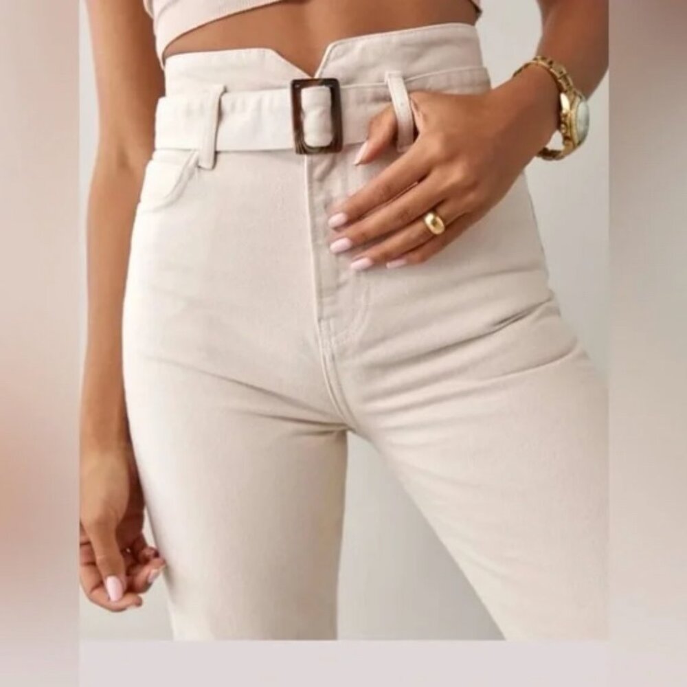 Reformation Cynthia Belted High Rise Straight Jeans - 27 - Bone - Picture 2 of 8